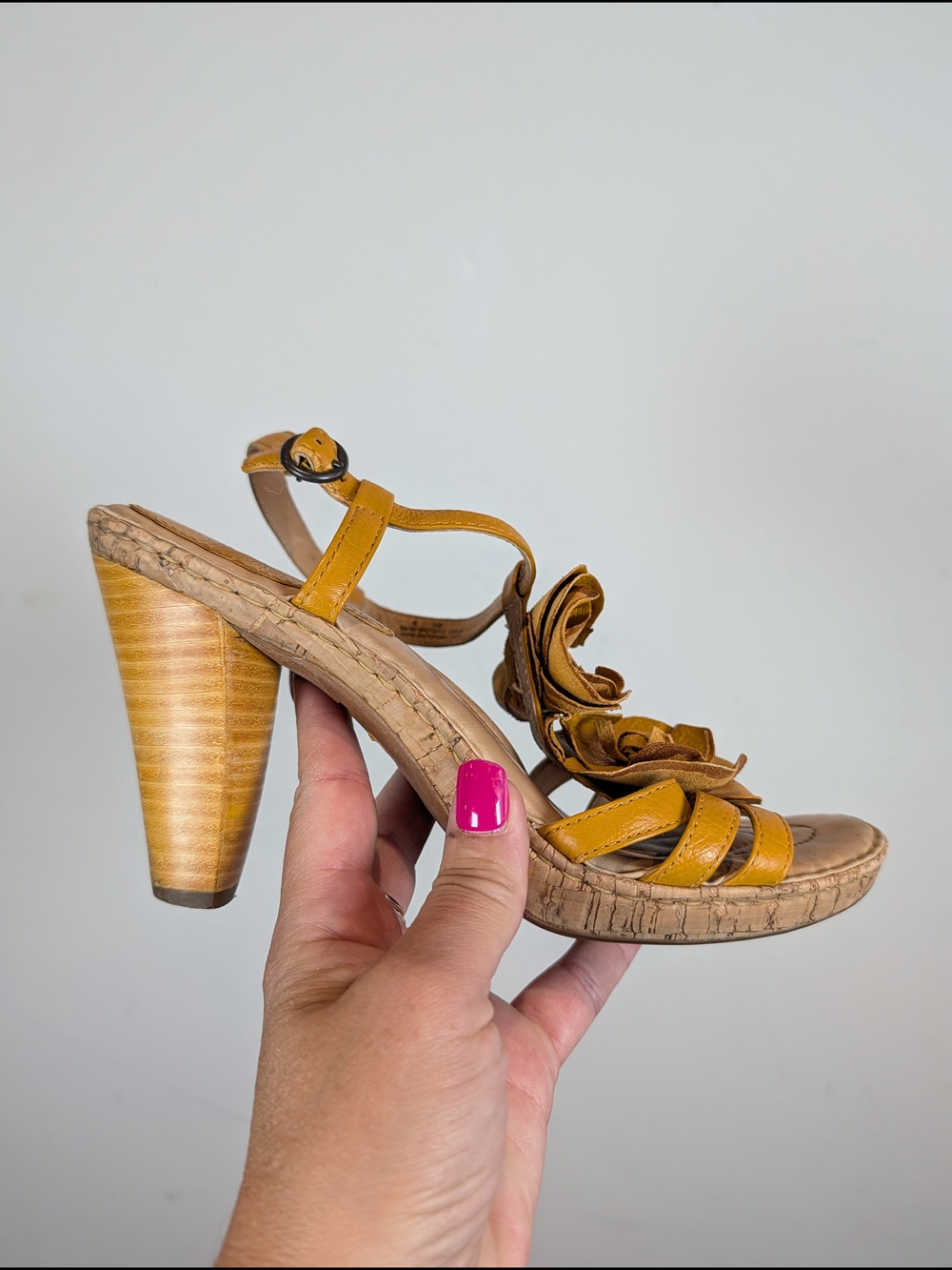 Born Mustard Yellow Floral T-Strap Heels